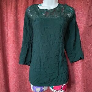 Old Navy Emerald Green Lace Trim 3/4 Sleeve Blouse
